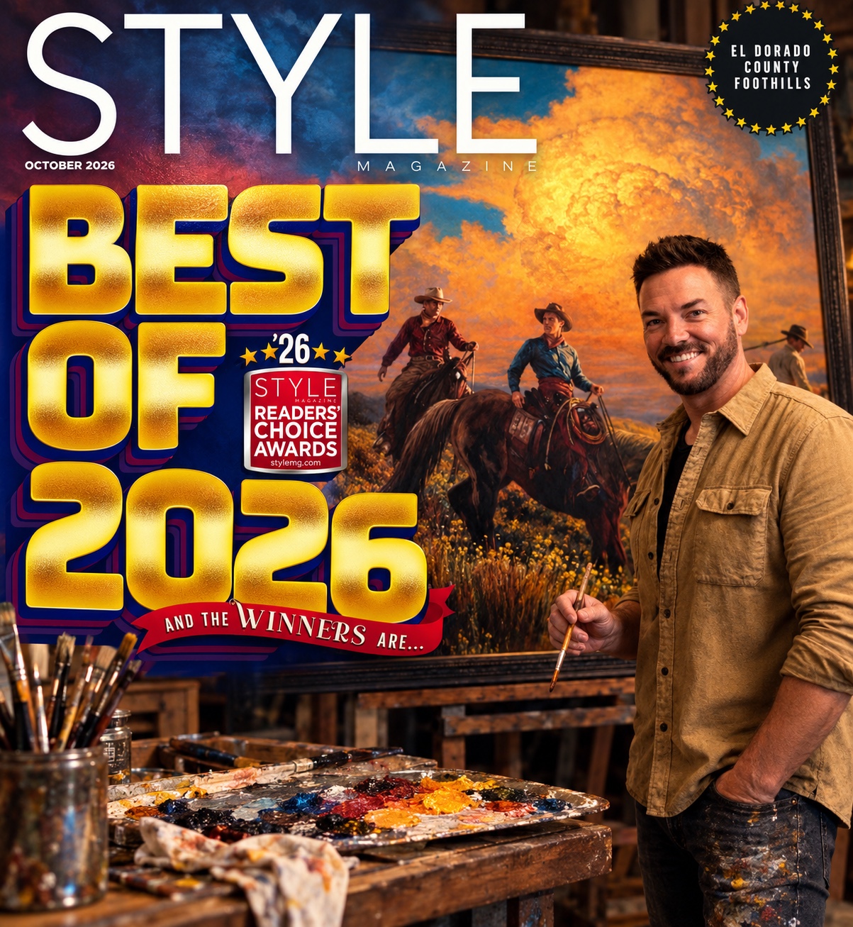 STYLE Best of 2026 artwork featuring Matthew Trammel beside his western painting